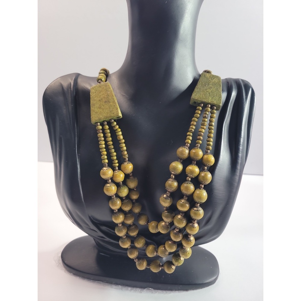 Green Multi Strand Beaded Necklace Olive Statement Boho Tribal Style Jewelry - Picture 4 of 9